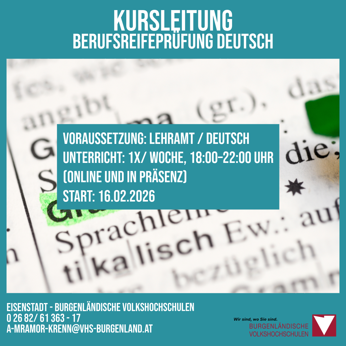 Werbeanzeige für einen Deutschkurs. Der Kurs beginnt am 16.02.2026, mit Unterricht einmal pro Woche von 18:00 bis 22:00 Uhr. Kontaktinformationen sind angegeben.