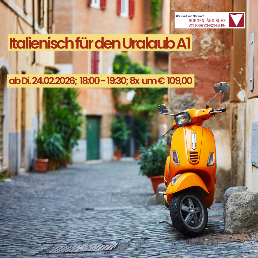 An Italian course for vacation starts Feb 24, 2026, 6-7:30 PM. Cost: 8x €109.00. An orange scooter stands on a cobblestone street.