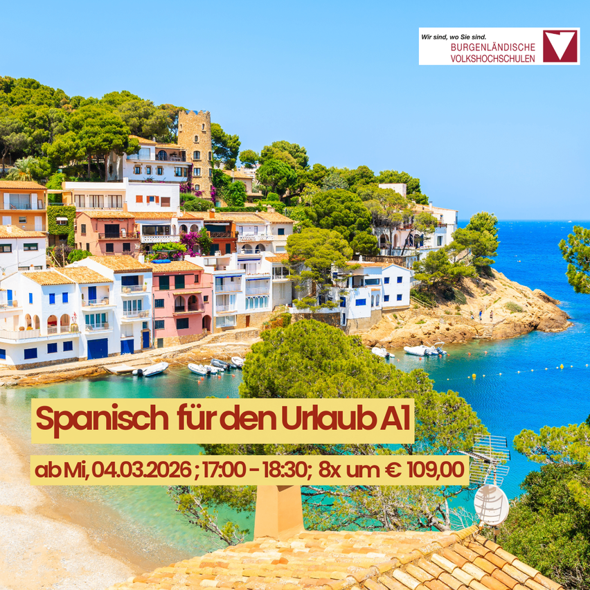 Poster for a Spanish course for leisure time. Coastal village with houses, beach, and sea. Course starts March 4, 2026, from 5:00 PM to 6:30 PM, 8 sessions for €109.00.