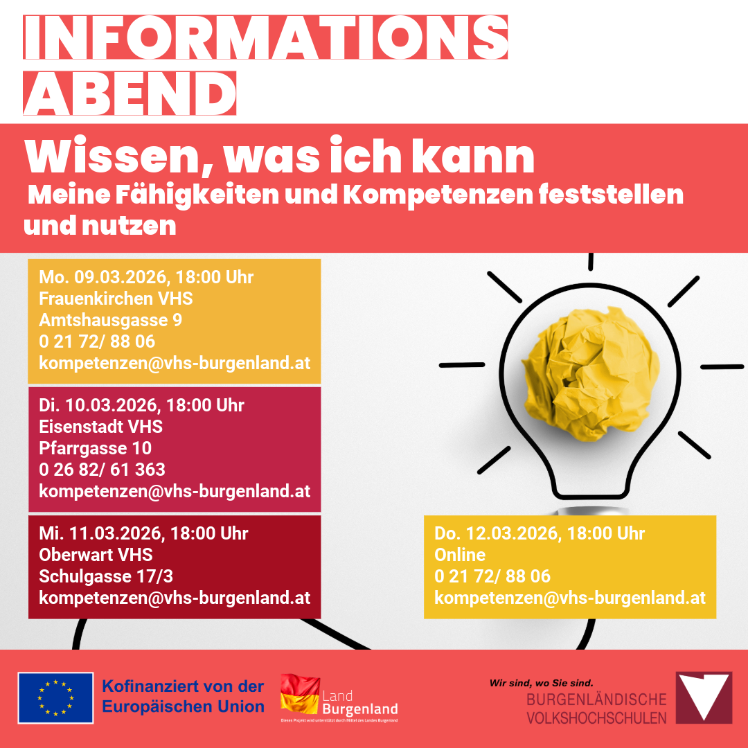 Plakat für Informationsabend mit Daten, Orten und Kontaktdaten. Veranstaltungen am 9., 10., 11. und 12. März 2026. Von der Europäischen Union kofinanziert. Kontakt per E-Mail und Telefonnummer.