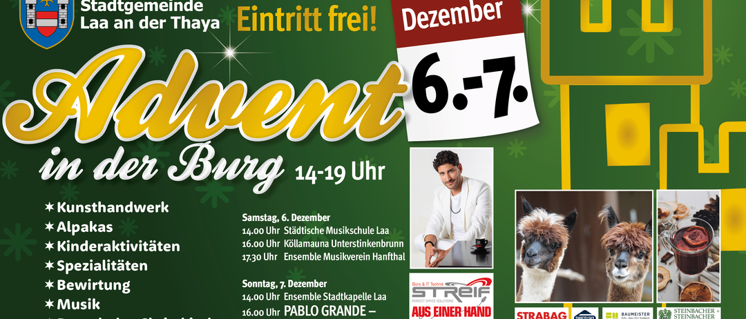 Ein Werbeplakat für eine Veranstaltung mit freiem Eintritt. Sie findet vom 6. bis 7. Dezember statt. Die Veranstaltung ist von 14 bis 19 Uhr geöffnet. Ein Bild eines Mannes und eines Lammes ist ebenfalls zu sehen.