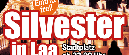 Silvester in Laa Plakat mit Feuerwerk und einem Gebäude im Hintergrund, Beginn um 23 Uhr. Verlosung von Therme Laa Gutscheinen.