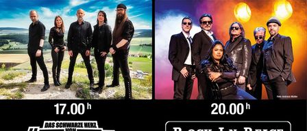 Eine Anzeige für 'Rock in der Burg' mit zwei Bands in Anzügen. Eine Band tritt auf einer Bühne mit Hintergrund auf, während die andere im Freien auftritt. Das Datum und die Uhrzeit der Veranstaltung sind der 13. Juni 2026, mit Auftritten ab 17:00 und 20:00 Uhr.