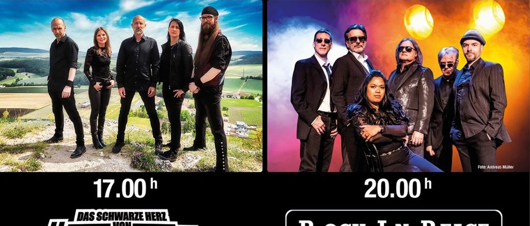 Eine Anzeige für 'Rock in der Burg' mit zwei Bands in Anzügen. Eine Band tritt auf einer Bühne mit Hintergrund auf, während die andere im Freien auftritt. Das Datum und die Uhrzeit der Veranstaltung sind der 13. Juni 2026, mit Auftritten ab 17:00 und 20:00 Uhr.