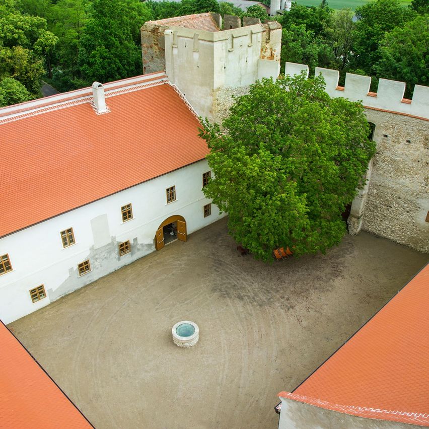Luftaufnahme eines alten Schlosses mit einem Innenhof, roten Dächern, Steinmauern, einem großen Baum und einem Brunnen in der Mitte.