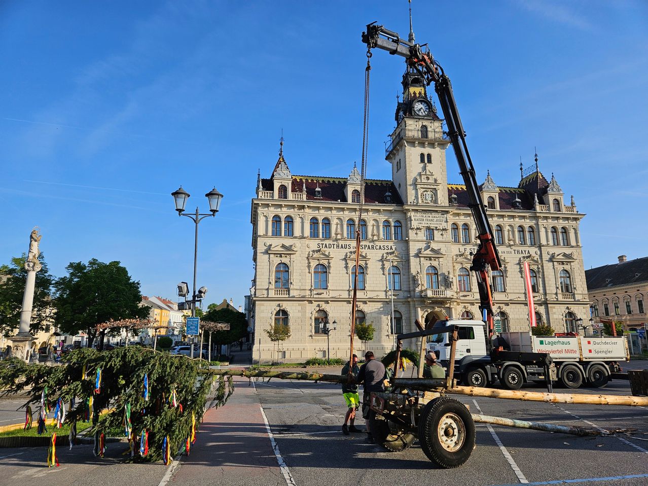 Ein Kran hebt einen großen Baum vor einem Gebäude. Ein Lkw ist im Vordergrund geparkt.