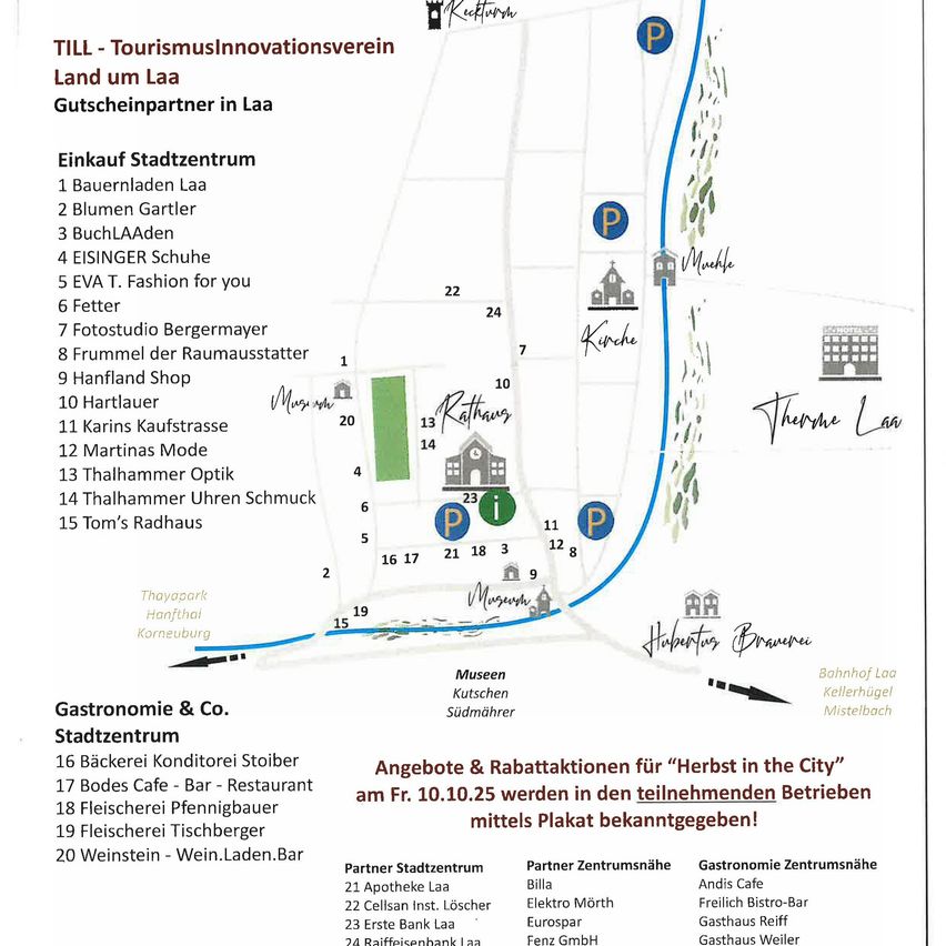 Map showing shopping and gastronomy in Laa, with businesses listed and offers for 'Herbst in the City' on 10.10.25. Businesses include bakeries, cafes, restaurants, and a wine bar.