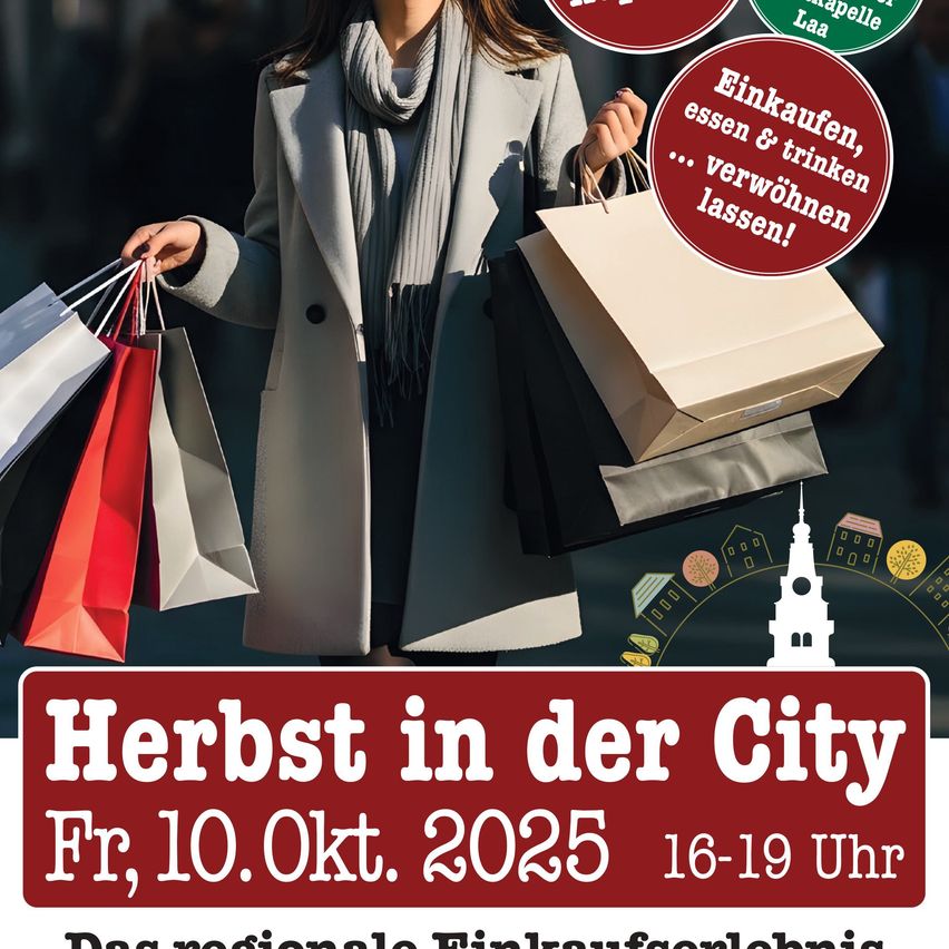An advertisement for a shopping event in the city. It features a woman holding shopping bags and the text reads 'Herbst in der City Fri, 10.Okt. 2025 16-19 Uhr'.