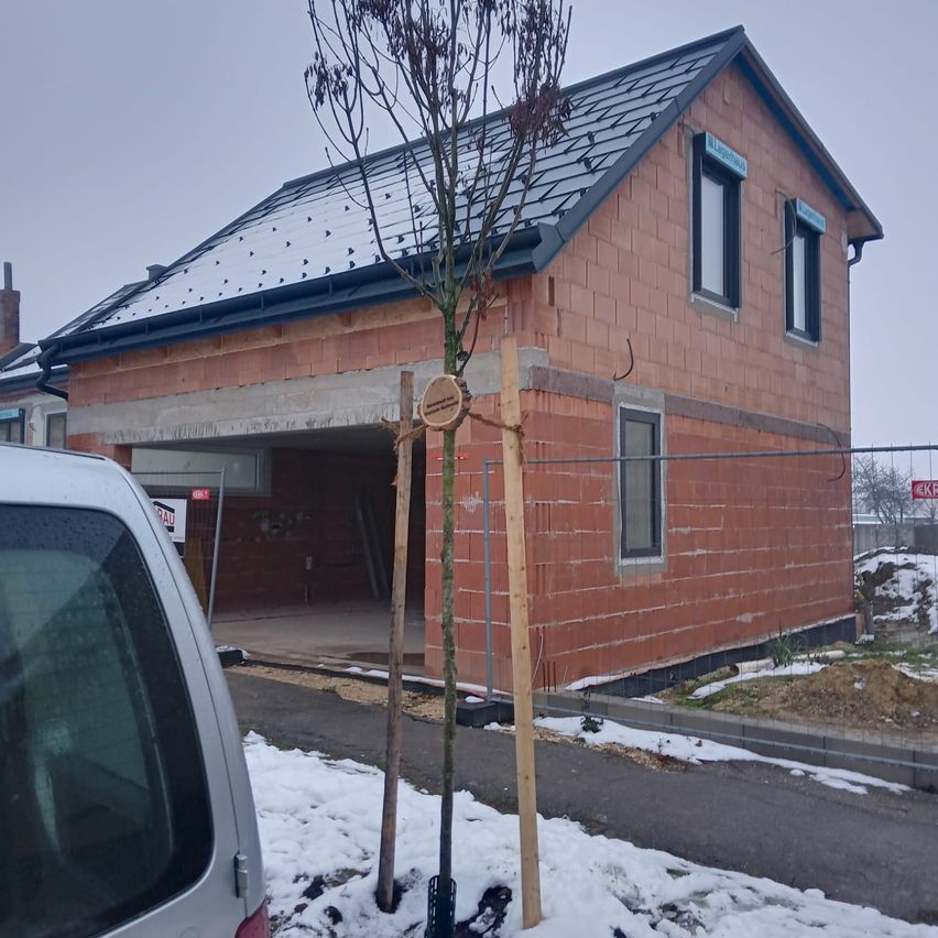 Ein im Bau befindliches Backsteinhaus mit grauem Dach und Fenstern, umgeben von Schnee. Ein Baum in der Vorderfront wird von Holzpfosten gestützt. Ein weißer Van ist auf der Seite geparkt.