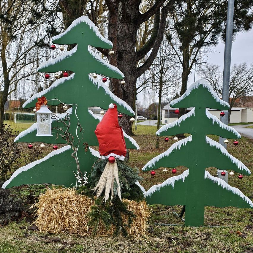 Zwei grüne Weihnachtsbäume sind mit Ornamenten und einem kleinen Gnom dekoriert. Die Bäume stehen auf Heu und Schnee. Die Bäume stehen in einem Grasbereich. Hinter den Bäumen steht ein Pfahl. In der Ferne sind weitere Bäume und ein Haus zu sehen.
