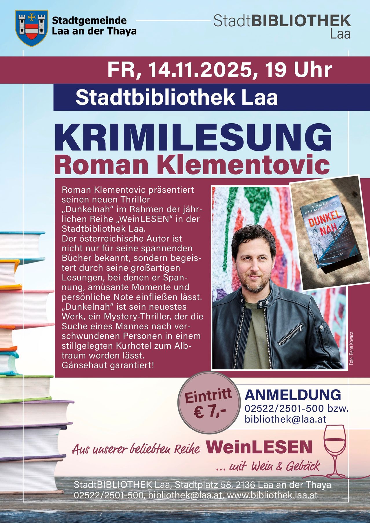 Roman Klementov präsentiert seinen neuen Thriller 'Dunkelnah' im Rahmen der jährlichen 'WeinLESEN'-Reihe in der Stadtbibliothek Laa. Der österreichische Autor ist bekannt für seine spannenden Bücher und fesselnden Lesungen, die Spannung, amüsante Momente und persönliche Noten miteinander verbinden. 'Dunkelnah' ist sein neuestes Mystery-Thriller, der ein unvergessliches Erlebnis verspricht.
