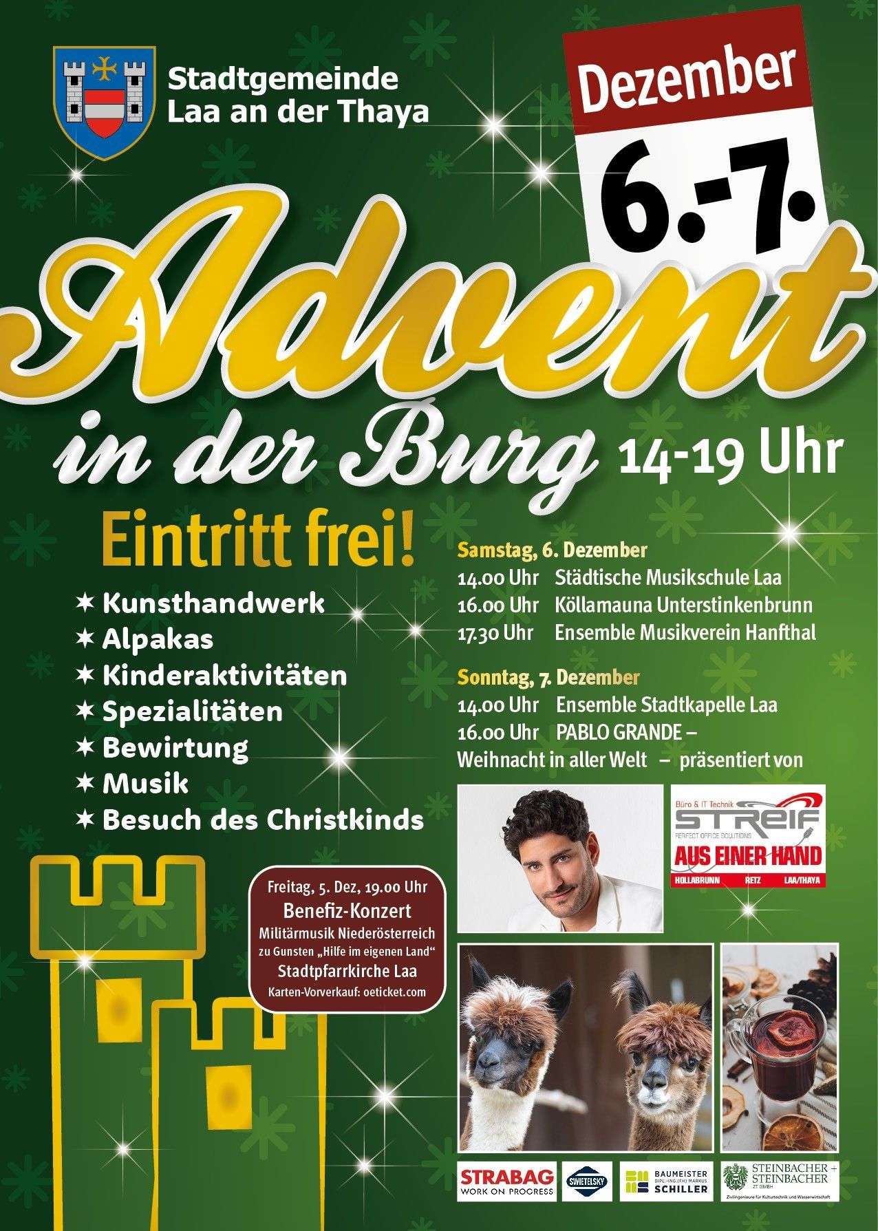 Adventsveranstaltung in der Burg mit freiem Eintritt, darunter Kunst, Alpakas, Kinderaktivitäten, Spezialitäten, Unterhaltung, Musik und Besuch des Christkinds. Veranstaltungen umfassen ein Konzert der Stadtpfarrkirche Laa am 6. und 7. Dezember.
