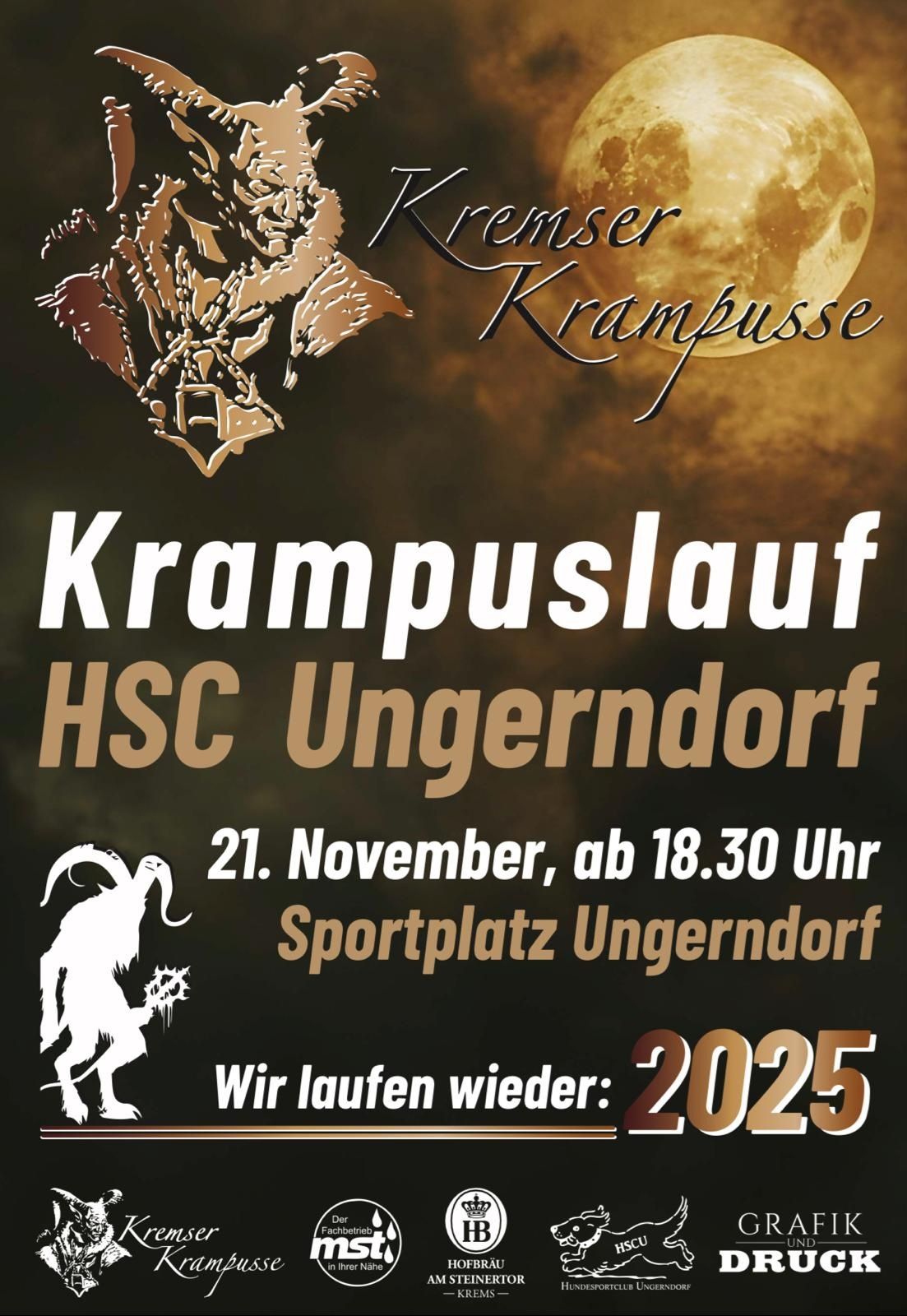 Plakat für die Krampuslauf-Veranstaltung bei HSC Ungerndorff am 21. November, Beginn um 18:30. Zeigt einen Krampus-Charakter und einen Vollmond im Hintergrund. Ort: Sportplatz Ungerndorff.