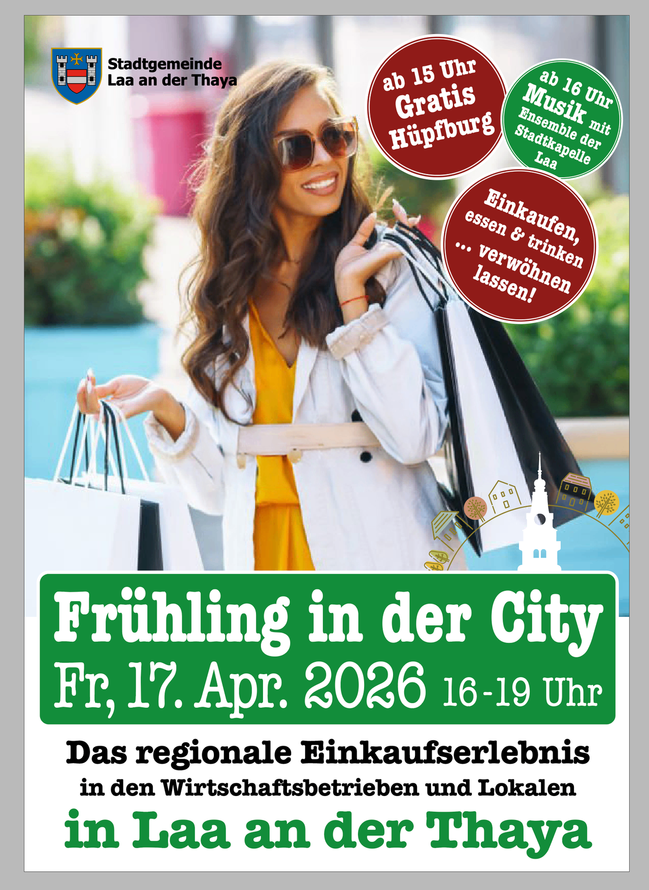 Eine Frau in einem weißen Mantel hält Einkaufstüten und lächelt. Die Werbung ist für ein regionales Einkaufserlebnis, mit der Veranstaltung am 17. April 2026 geplant.