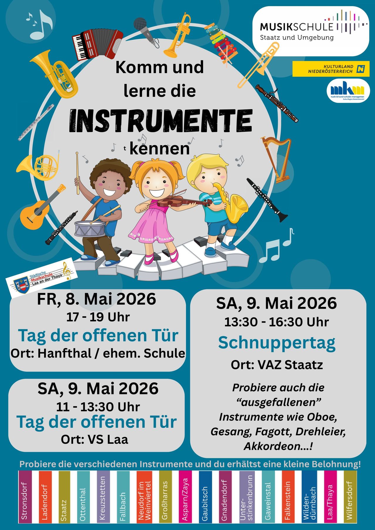 Plakat für die 'Instrumente kennenlernen' Veranstaltung am 8. und 9. Mai 2026. Ort: Hanfthal/ehem. Schule und VAZ Staatz. Zeiten: Fr 17-19, Sa 11-13:30 und 13:30-16:30 Uhr. Ausprobieren von Instrumenten wie Oboe, Gesang, Fagott, Drehleier, Akkordeon...