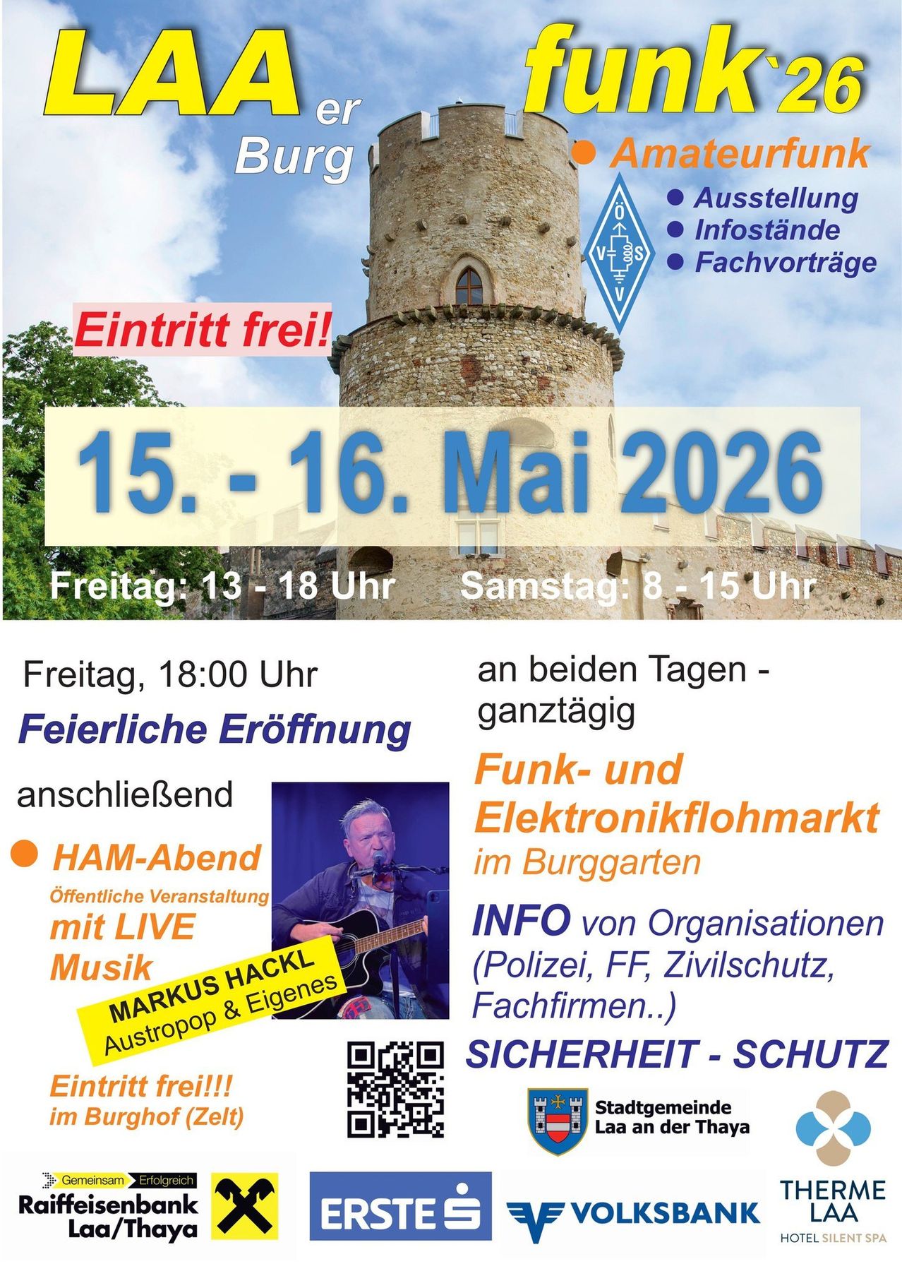Plakat für eine kostenlose Veranstaltung am 15. - 16. Mai 2026. Zeigt eine Burg, einen Künstler mit Gitarre und Details über einen Flohmarkt, Live-Musik und Informationsveranstaltungen.