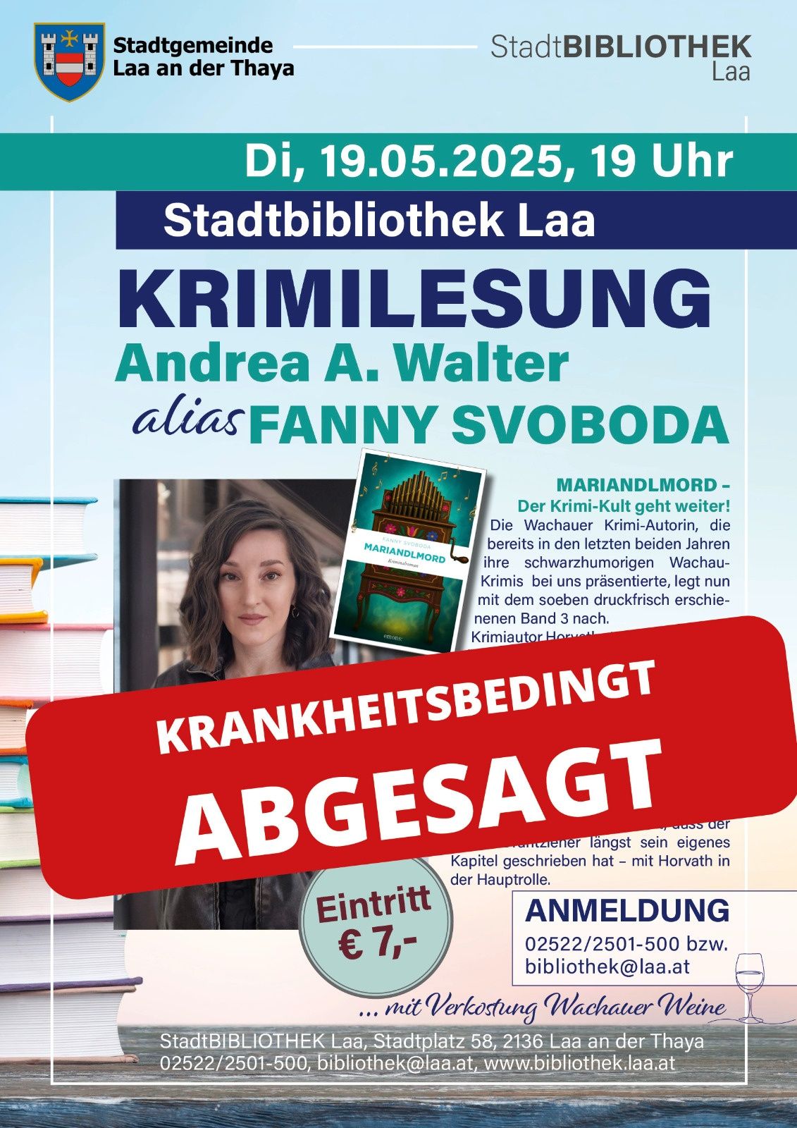 Plakat für eine Krimi-Lesung in der Stadtbibliothek Laa mit der Autorin Andrea A. Walter unter dem Pseudonym Fanny Svoboda. Die Veranstaltung beinhaltet eine Buchsignierung ihres neuesten Krimis.