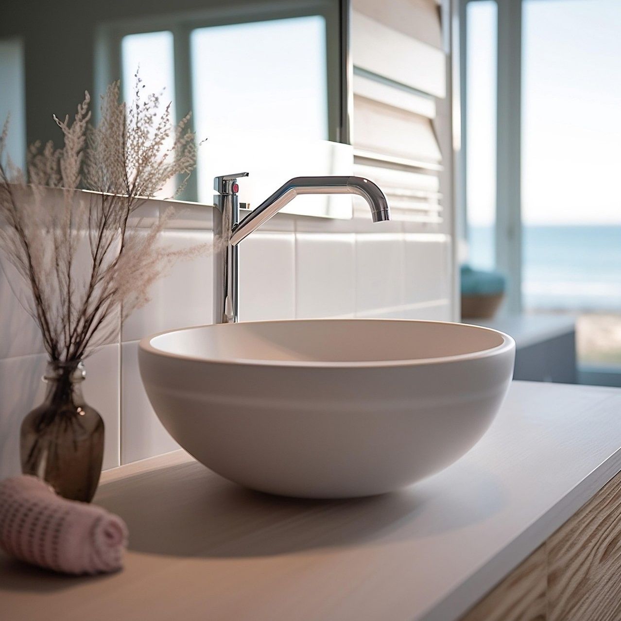 Ein weißes Waschbecken mit Wasserhahn steht auf einer Arbeitsplatte in einem Badezimmer mit Blick auf den Ozean. Ein Topf mit einer Pflanze und ein rosa Handtuch sind ebenfalls auf der Arbeitsplatte.