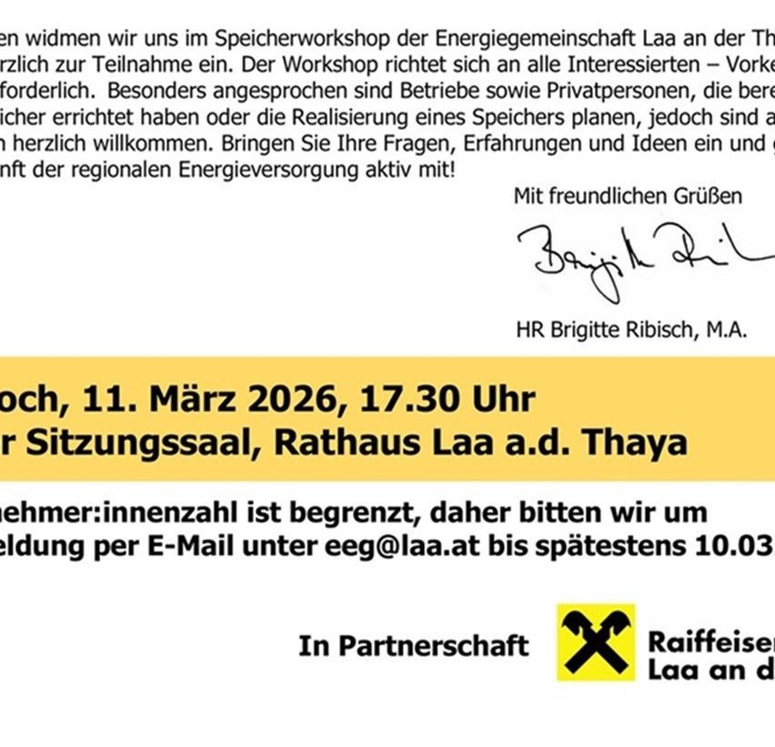 Die Energiegenossenschaft Laa lädt am 11. März 2026, 17:30 Uhr, im Rathaus ein. Die Teilnehmerzahl ist begrenzt, bitte registrieren Sie sich per E-Mail unter eeg@laa.at bis spätestens 10.03.