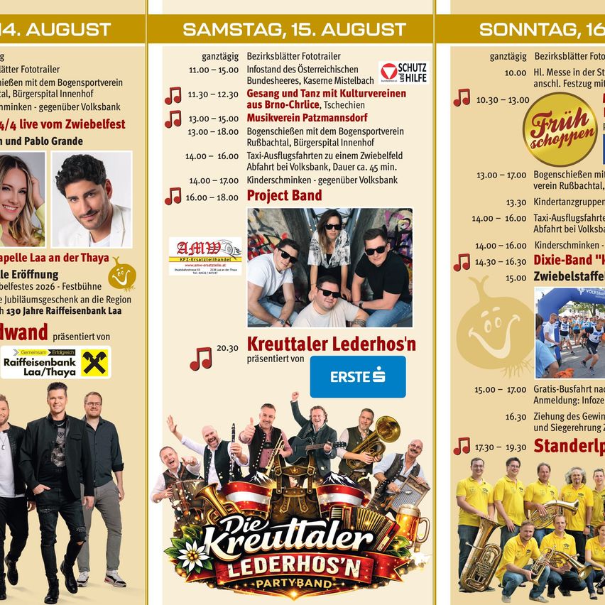 A promotional poster for a festival featuring various musical acts, including 'Kreuttaler Lederhos'n', scheduled for August 14-16. The poster includes images of performers, event details, and sponsors.