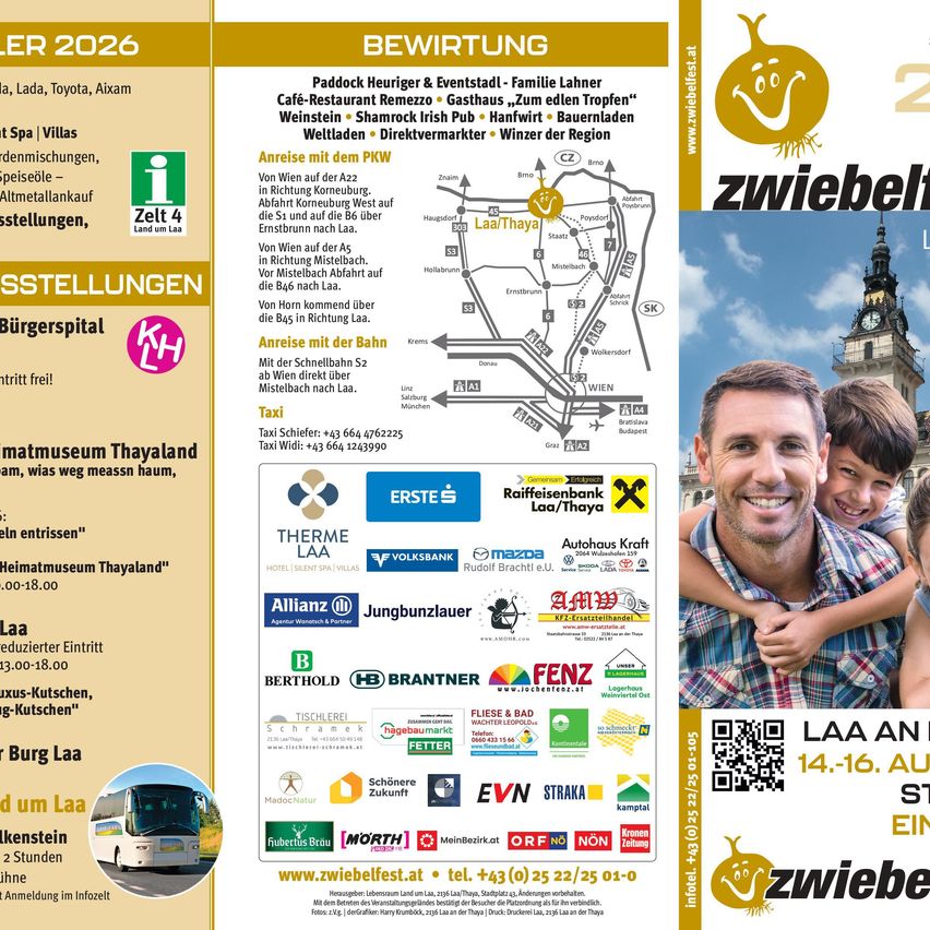 A flyer for the 2026 Laa event, featuring a map, transportation options, and local attractions. It includes details about visiting the Heimatmuseum Thayland, a spa, and various activities. The flyer also has a QR code for more information.