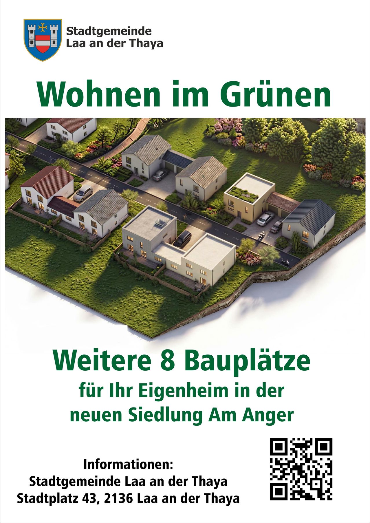 Eine Luftaufnahme einer neuen Wohnsiedlung mit 8 Bauplätzen. Die Häuser sind von viel Grün umgeben. Der Titel lautet: Wohnen im Grün. Unten befindet sich ein QR-Code.