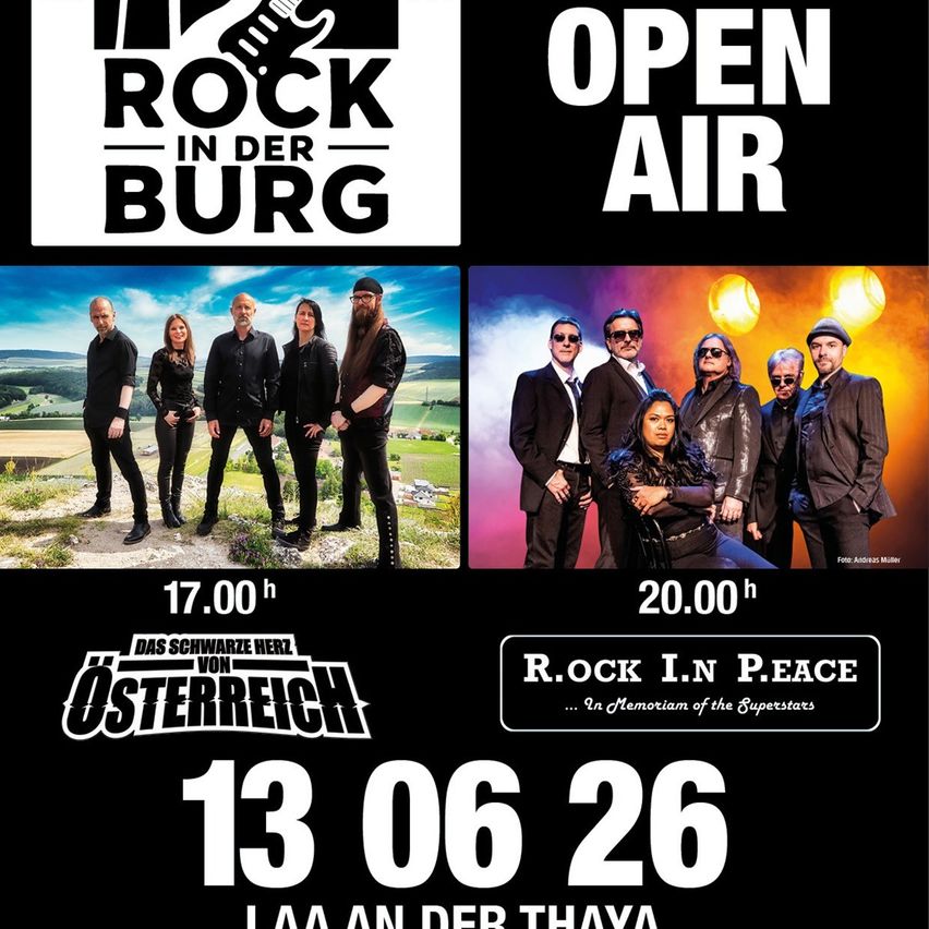 Plakat für das Rock in der Burg-Event am 13. Juni 2026. Zeigt zwei Bands, eine startet um 17 Uhr und die andere um 20 Uhr. Veranstaltungsort ist Laa an der Thaya.