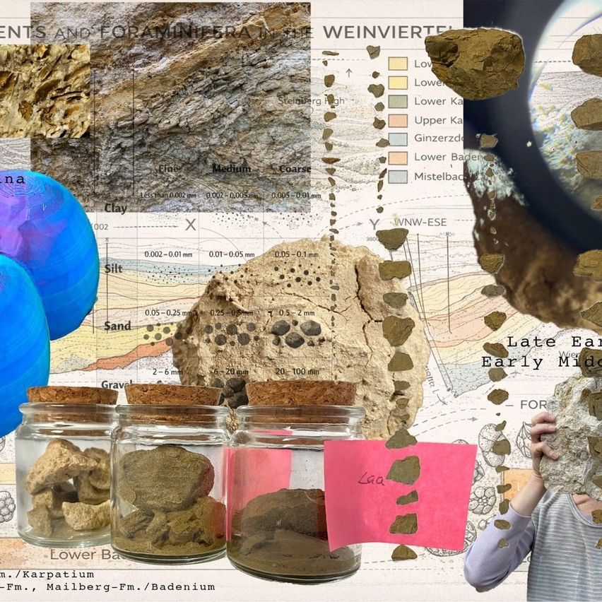 Das Bild zeigt eine Collage verschiedener geologischer Proben, Felsen und einer Lupe mit einer Nahaufnahme eines Felsens mit beschrifteten Schichten. Drei Gläser mit Korken und Etiketten zeigen verschiedene Felstypen. Eine Person hält einen großen Felsen mit einem Etikett.