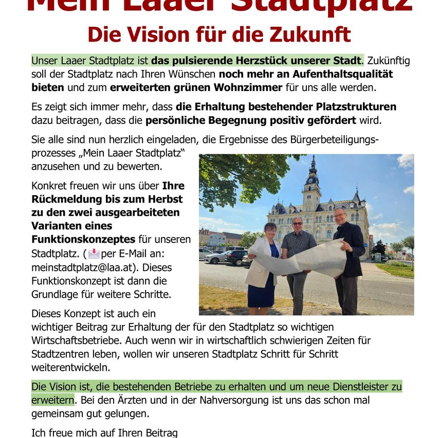 Poster über die Zukunftsvision für den Laaer Stadtplatz in Wien, das Bürger einlädt, die Ergebnisse des Bürgerbeteiligungsprozesses zu betrachten und zu bewerten. Es zeigt drei Personen, die einen großen Plan überprüfen, und fordert Feedback an.