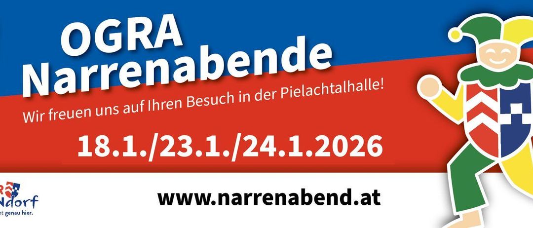 Plakat für GRA Arenaabend-Veranstaltung in der Pielachtalhalle, Termine: 3.1., 23.1., 24.1.2026. Besuchen Sie die Website: www.narrenabend.at.