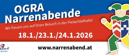 Werbeposter für eine Verrückte Nachmittagsveranstaltung. Termine sind 3., 23. und 24. Januar 2026. Ort ist die Pielachtalhalle. Website ist www.narrenabend.at.