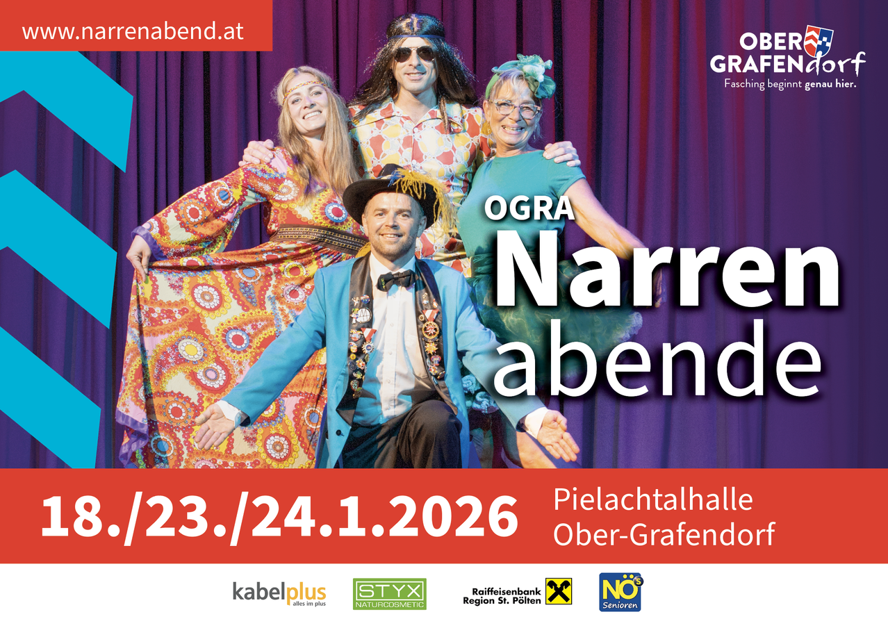 Werbung für OGRA Narre Abend. Vier Personen in farbenfrohen Kostümen vor einem lila Hintergrund. Die Daten sind 23. und 24. Januar 2026. Unten sind Logos von Kabelplus, STYXX, Raiffeisenbank und Senioren.