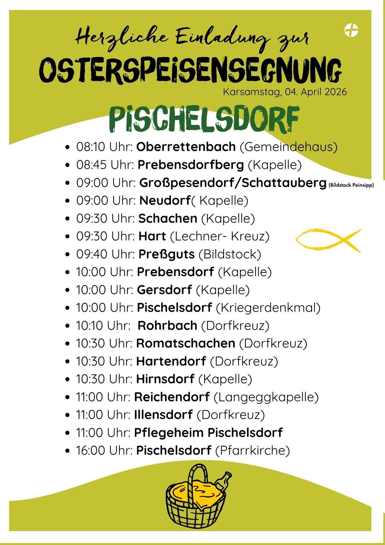 Das Plakat listet verschiedene Orte und Zeiten für Ostergottesdienste am 4. April 2026 auf. Die Gottesdienste sind in verschiedenen Kapellen und Kriegerdenkmälern geplant.