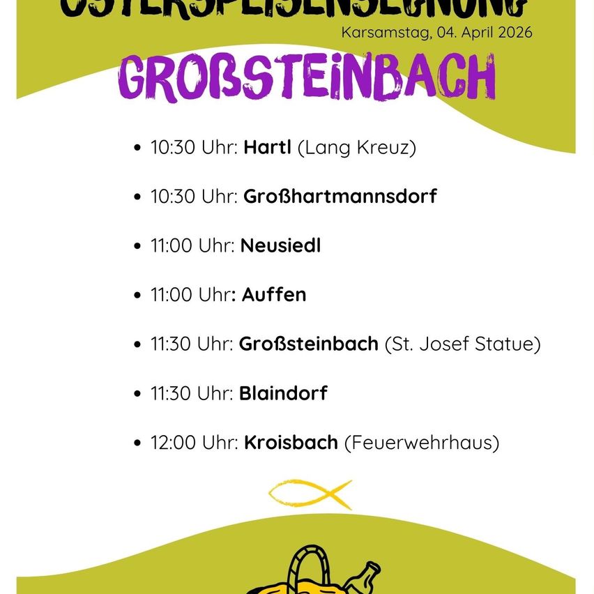Das Bild zeigt einen Veranstaltungsplan für Ostersonntag, den 04. April 2016, in Großsteinbach. Der Plan enthält verschiedene Zeiten und Orte für Veranstaltungen wie Hartl, Großhartmannsdorf, Neusiedel, Auffen, Großsteinbach, Blaindorf und Kroisbach.