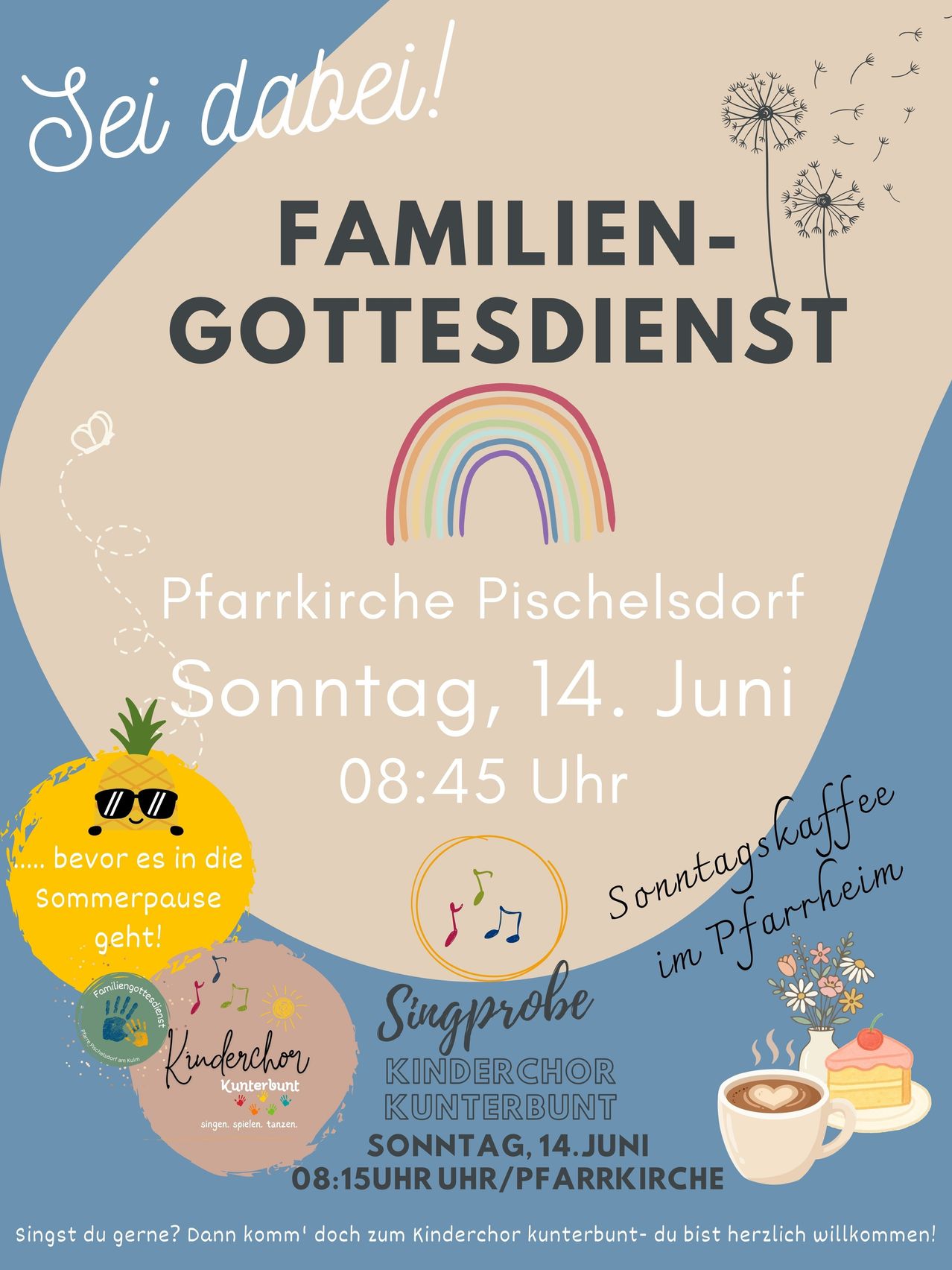 Familien-Gottesdienst in der Pischelsdorfer Kirche am 14. Juni um 8:45 Uhr. Es gibt Kaffee, Gesang und einen Kinderchor.