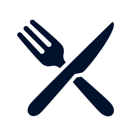Ein blaues Symbol von einer Gabel und einem Messer, die sich auf einem weißen Hintergrund überkreuzen.