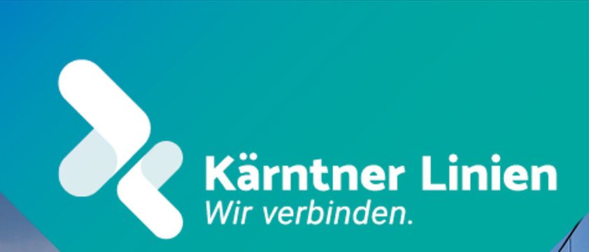 Ein türkisfarbener Hintergrund mit weißem Text, der 'Kärntner Linien' und darunter 'Wir verbinden' lautet. Rechts ist die Seite eines Busses zu sehen.