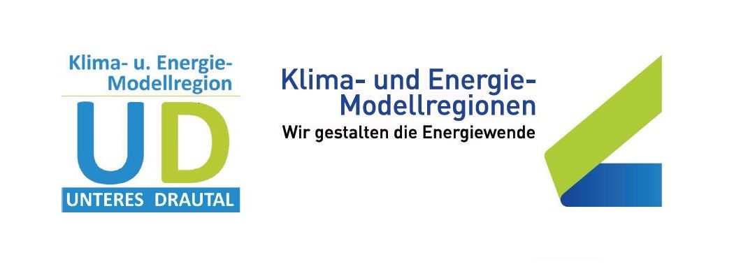 Das Bild zeigt Logos für 'Klima- und Energie-Modellregionen' und 'U.D. RES DRAUTAL', wobei letzteres ein stilisiertes 'U' und 'D' aufweist. Ersteres betont Bemühungen um den Energiewandel.