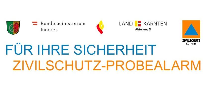 Ein weißes Banner mit Logos und Text über die Zivilschutzalarm, mit dem Bundesministerium Inneres, Land Karnten Abteilung 3 und Zivilschutz Karnten.
