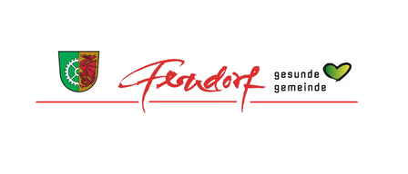 Das Logo für Fordorf zeigt einen stilisierten, kursiven roten Text und eine rote Linie, mit den Worten 'gesund gemein' in weiß auf der rechten Seite geschrieben.