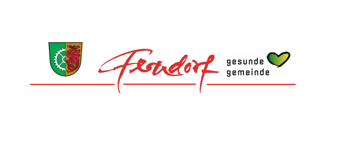 Das Logo für Fordorf zeigt einen stilisierten, kursiven roten Text und eine rote Linie, mit den Worten 'gesund gemein' in weiß auf der rechten Seite geschrieben.