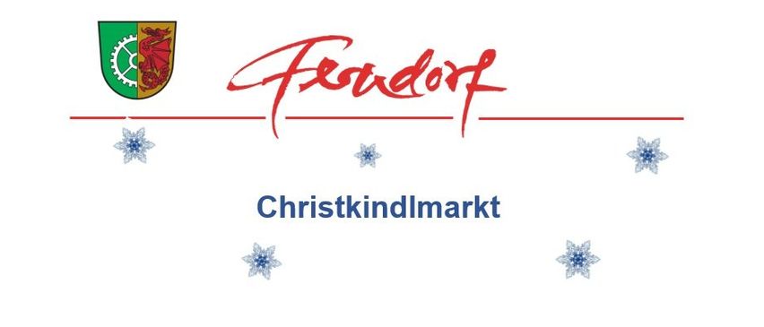 Das Bild zeigt ein Logo für 'Christkindlmarkt' mit einem Wappen und Schneeflocken. Der Text 'Frondorf' ist in stilisierter roter Schrift geschrieben.