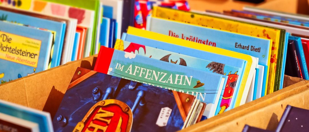 Ein holzern Kasten gefüllt mit bunten Kinderbüchern, einschließlich Titel wie 'Die Krötitasten' und 'Im Affenzahn', zeigt eine Vielzahl von Geschichten und Abenteuern für junge Leser.