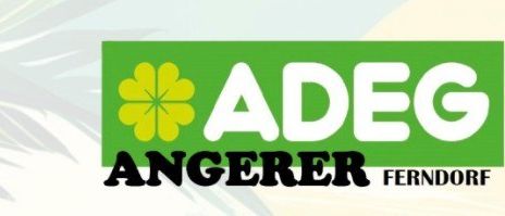 Das Logo für ADEG Angerer Ferndorf. Das Logo zeigt ein grünes Blattsymbol mit einem vierblättrigen Kleeblatt. Es ist in fetten schwarzen Buchstaben.
