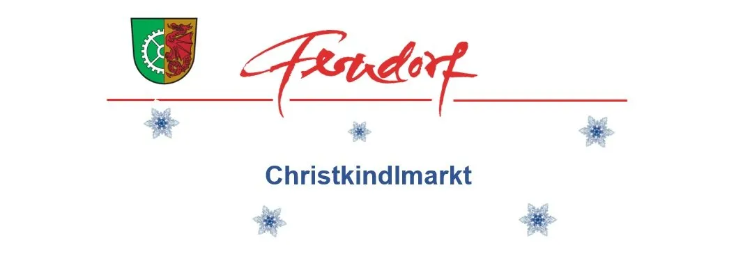 Auf einem weißen Hintergrund ist ein rotes Logo mit der Aufschrift 'Frondof' zu sehen, das einen Drachen und ein Zahnrad darstellt. Darunter steht in rotem, kursiven Schriftzug 'Christkindlmarkt'. Schneeflocken sind um den Text verstreut.