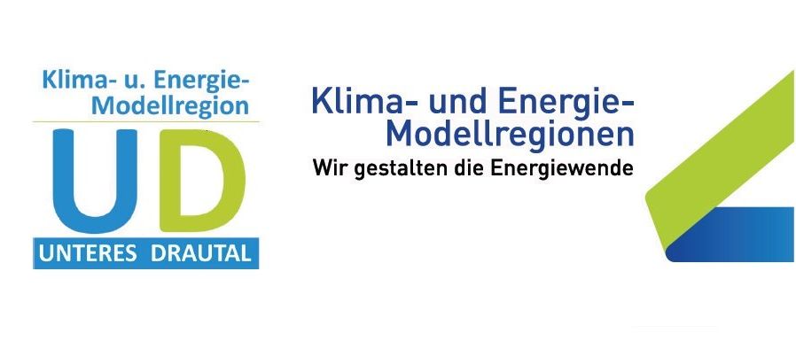 Bild zeigt Logos für 'Klima- und Energie-Modellregionen' und 'UD RES DRAUTAL' mit begleitendem Text 'Wir gestalten die Energiewende'.