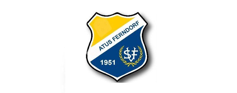 Das Logo von Atus Ferndorf, gegründet 1951, zeigt einen Schild mit blauen und gelben Abschnitten, einem Wappen mit einem Dollarzeichen und einem Lorbeerkranz sowie dem Namen in weiß geschrieben.
