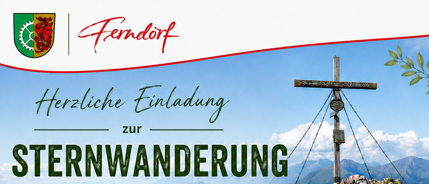 Poster for a stargazing event at midnight with peak measurement. Sunday, August 2, 2026, service at 11:00 AM. Hosted by Superintendent Mag. Andrea Mattioli. Musical entertainment by the Ferndorf Werkskapelle. Refreshments by Familie Klammer. Climbing to the Gingerhutte possible.