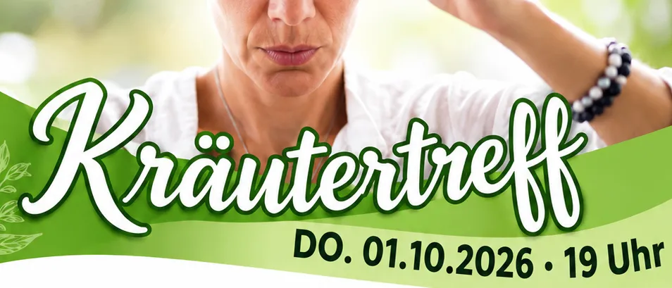 Ein Plakat für einen Workshop über intuitive Wahrnehmung. Eine Frau mit ernstem Gesichtsausdruck ist abgebildet, die eine Halskette und ein Armband trägt. Der Workshop trägt den Titel 'Kräutertreff' und findet am 1. Oktober 2026 um 19:00 Uhr statt.