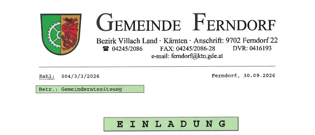 Eine formelle Einladungsschreiben der Gemeinde Ferndorf, datiert vom 30. September 2026, für eine Gemeinderatssitzung am 8. Oktober 2026 um 19:00 Uhr im kleinen Saal der Gemeinde Ferndorf.